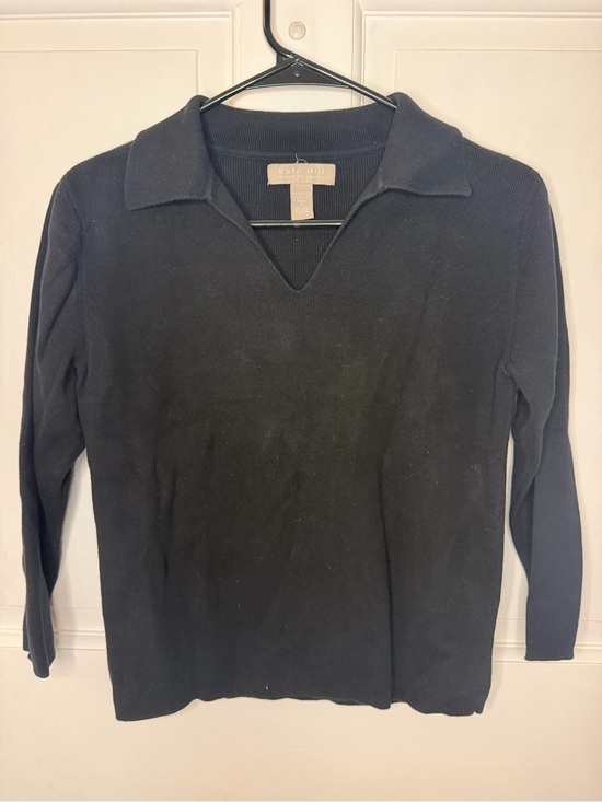 Kate Hill Sweaters - Kate Hill Petites S Cotton Knit Pullover Sweater V-Neck Collared Black Solid LS